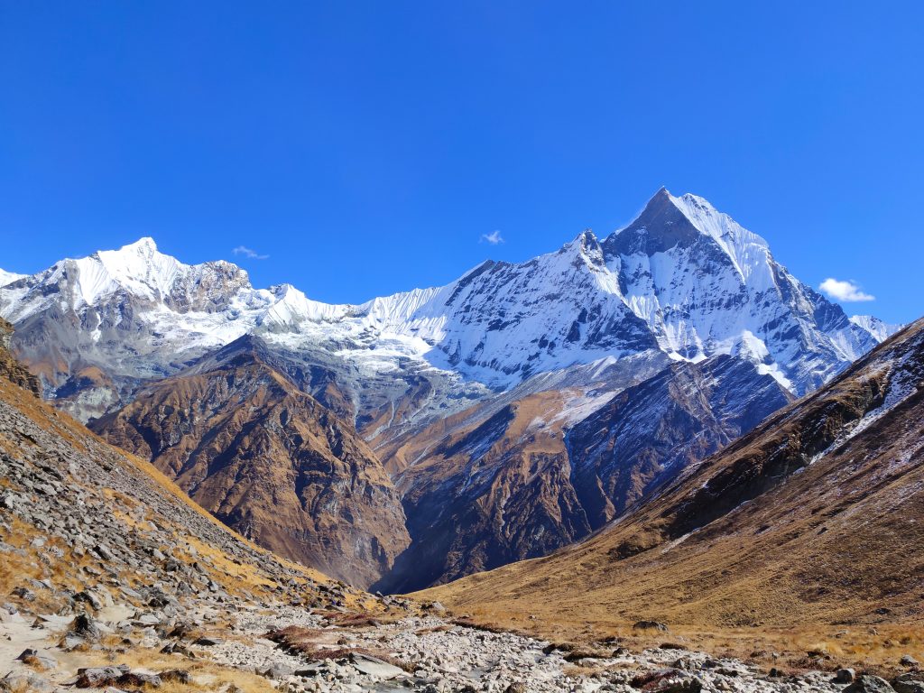 Stone trail below the Annapurna mountains